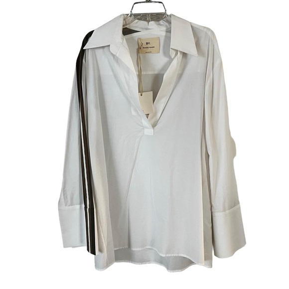 NWT BY. Bonnie Young Border Stripes Long Bell Sleeve Open V Neck Collared Shirt - Picture 1 of 16